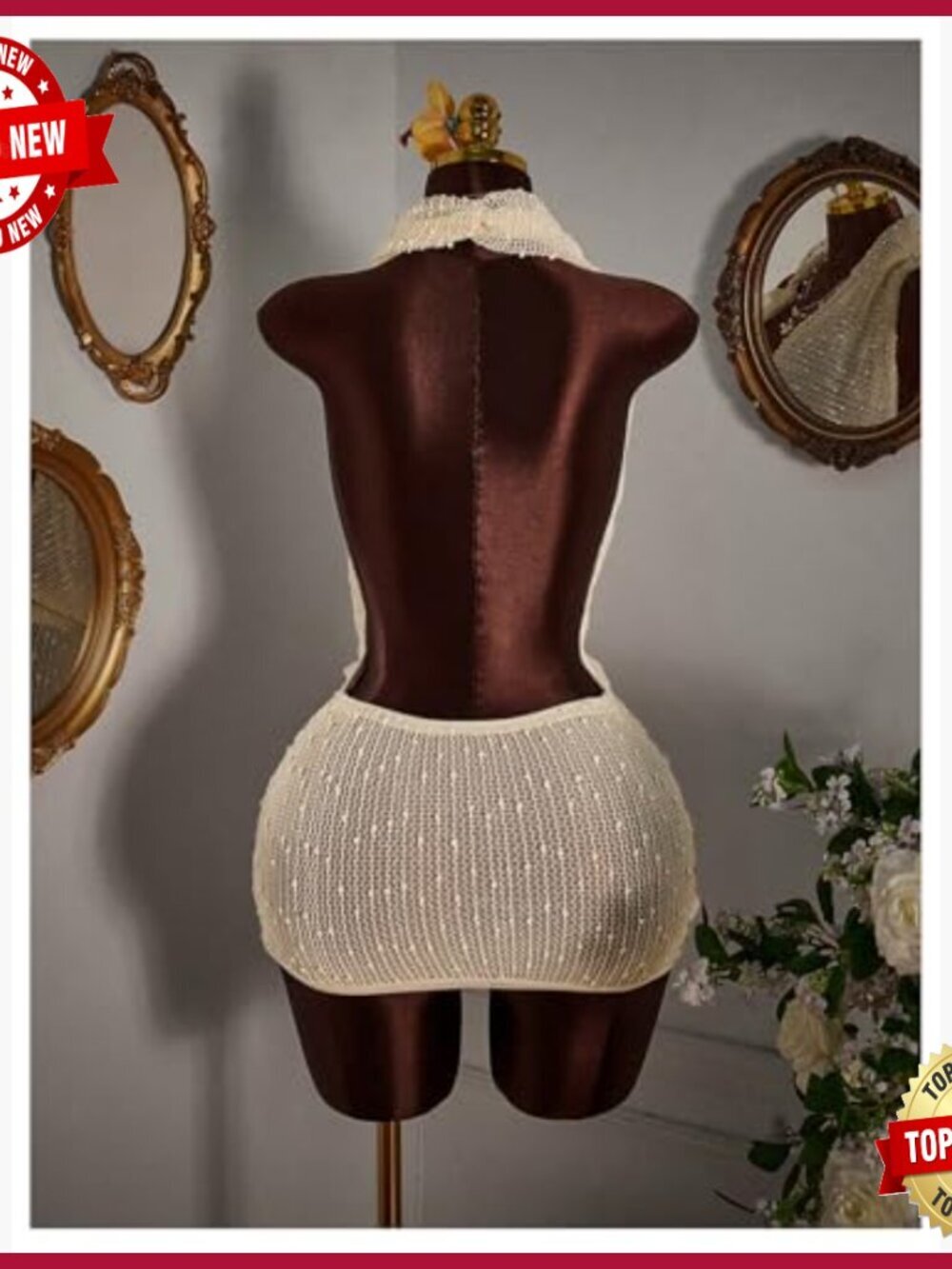 Mesh Halter Mini Dress Deep V Neck Backless Bodycon Party Club - Picture 2 of 5